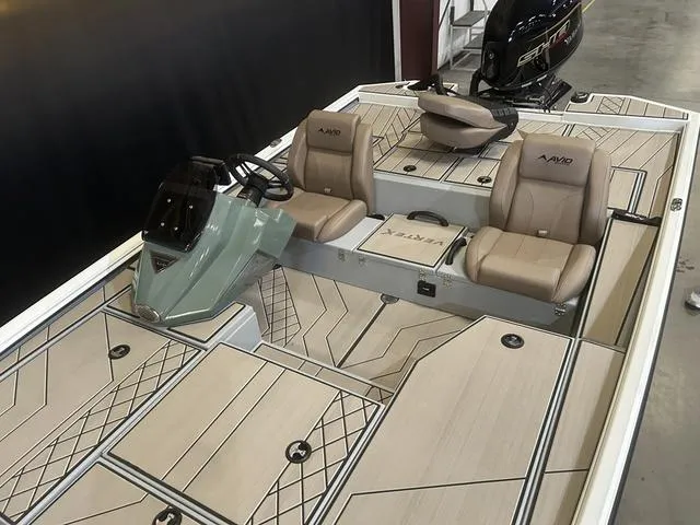 Slide: The Image of 2025 Avid Vertex 18 boat with Yamaha 115 "SHO" engine, featuring stylish seating and deck design. - 13