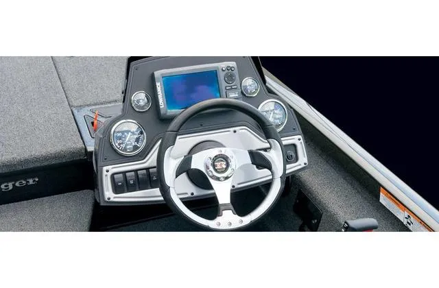Slide: The Image of 2017 Ranger RT188 boat dashboard with steering wheel and electronic display. - 17