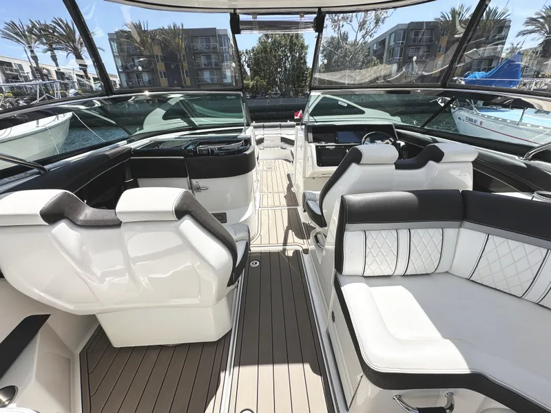 Slide: The Image of 2017 Sea Ray SLX 350 boat interior with luxurious seating and modern design. - 15