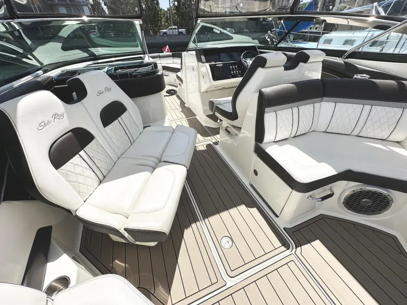 Slide: The Image of 2017 Sea Ray SLX 350 boat interior with luxurious seating and modern design. - 17
