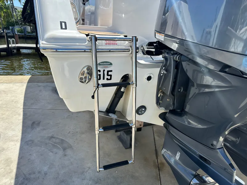 Slide: The Image of 2022 Tidewater 280 CC boat with ladder and outboard motor at dockside. - 5