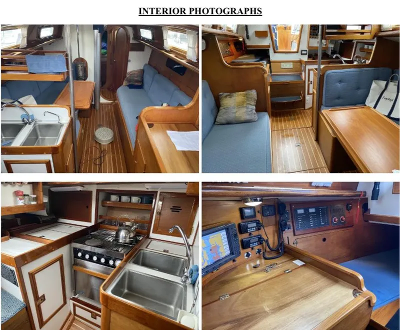 Slide: The Image of Interior of 1984 Ohlson 38 sailboat with wood finishes, kitchen, and navigation area. - 11