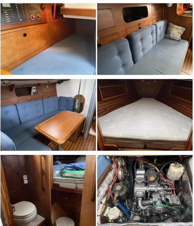 Slide: The Image of 1984 Ohlson 38 yacht interior: cozy seating, sleeping area, compact kitchen, and engine room. - 12