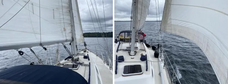 Slide: The Image of 1984 Ohlson 38 sailboat on open water, showcasing sails and deck under cloudy skies. - 4