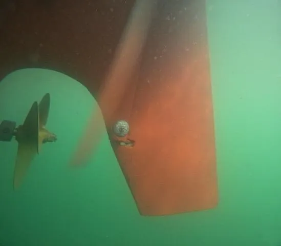 Slide: The Image of Underwater view of 1984 Ohlson 38 sailboat rudder and propeller. - 5