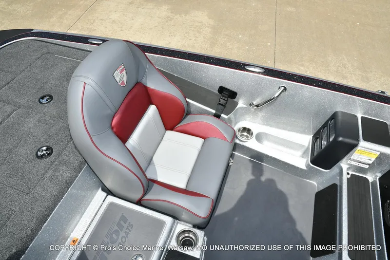 Slide: The Image of 2024 Triton 18 TRX boat seat with red and gray upholstery, showcasing premium design. - 43