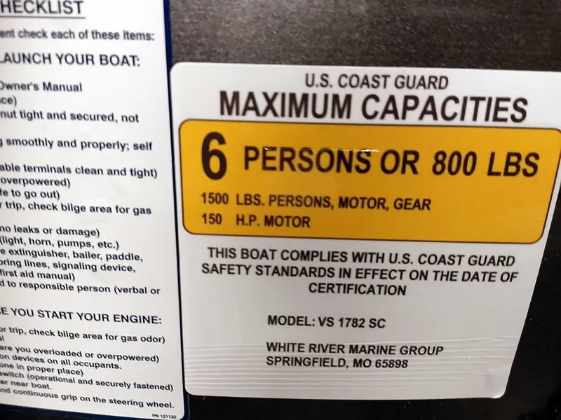 Slide: The Image of 2025 Ranger VS1782SC Angler boat capacity label: 6 persons or 800 lbs, 150 HP motor. - 20