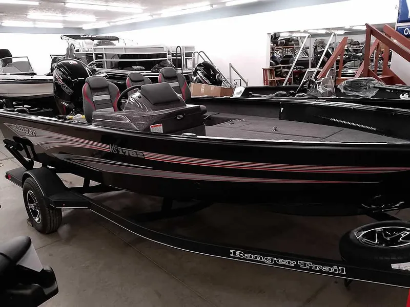 Slide: The Image of 2025 Ranger VS1782SC Angler boat in showroom, black with red accents, on trailer. - 34