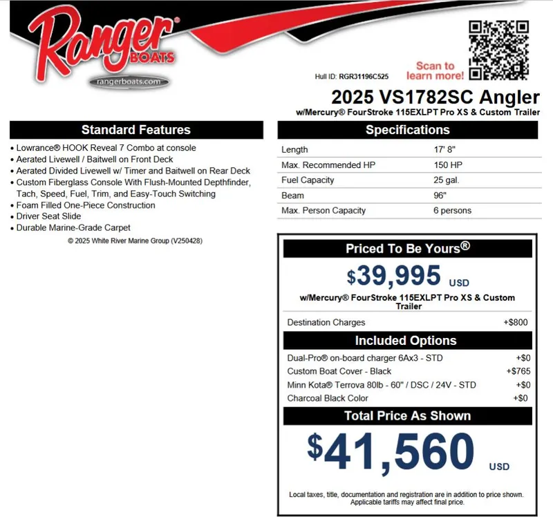 Slide: The Image of 2025 Ranger VS1782SC Angler boat specifications and pricing details. - 35