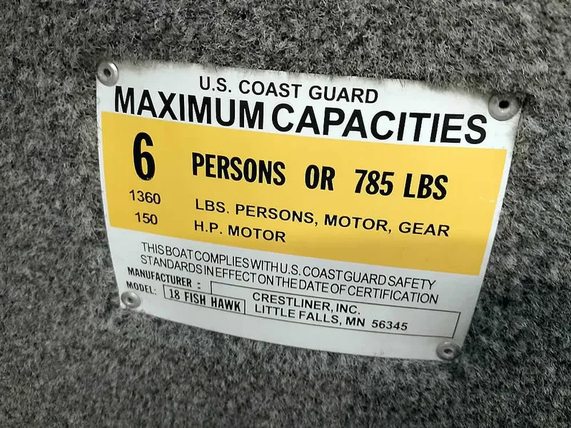 Slide: The Image of U.S. Coast Guard capacity label for 2006 Crestliner 1850 Fish Hawk DC boat. - 27