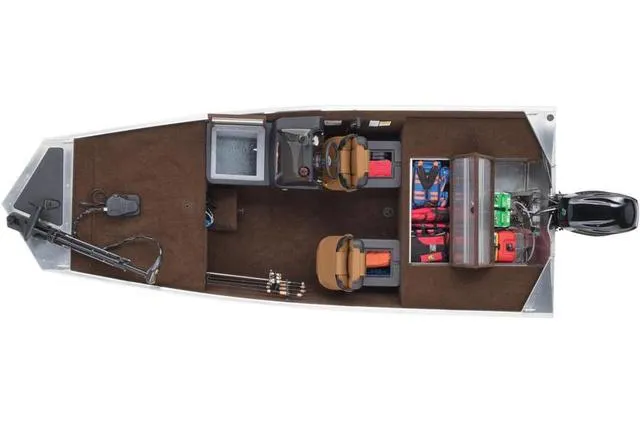 Slide: The Image of 2018 Tracker BASS TRACKER® 40th Anniversary Heritage Edition, top view, brown interior, fishing gear. - 13