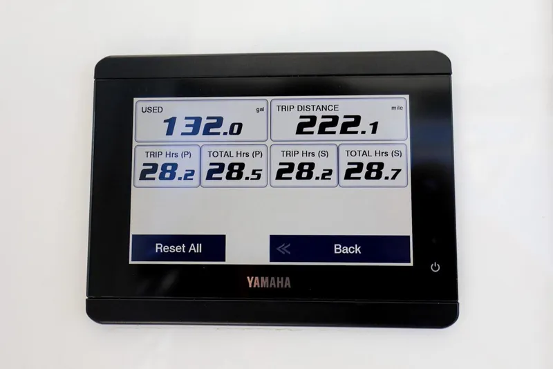 Slide: The Image of Yamaha display showing fuel usage and trip distance on 2024 Regulator 23 boat. - 23