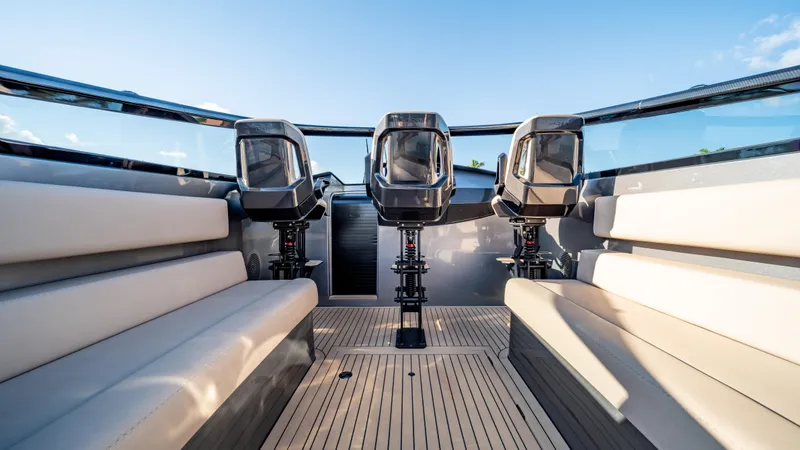Slide: The Image of Luxury Wajer WAJER 2022 boat interior with three powerful outboard engines. - 5