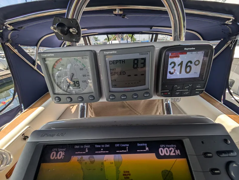 Slide: The Image of Caliber 40 LRC 1998 yacht cockpit with navigation instruments displaying speed, depth, and heading. - 38