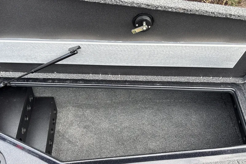 Slide: The Image of Open storage compartment in 2025 Nitro Z19 Pro boat, featuring a hydraulic lift support. - 28