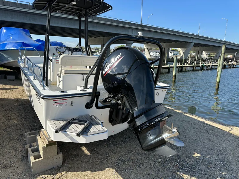 Slide: The Image of 2024 Boston Whaler 190 Montauk boat with Mercury engine, docked near a bridge. - 13