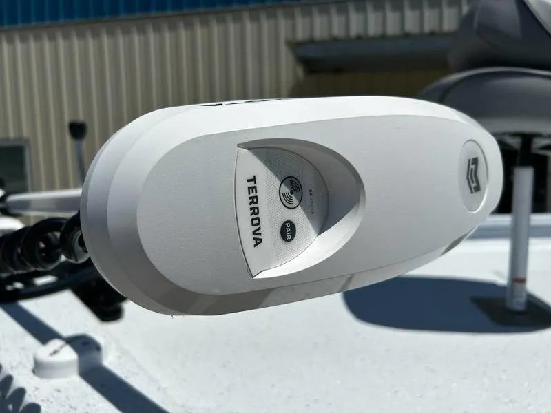 Slide: The Image of Close-up of a 2025 Xpress H22B boat's Terrova trolling motor control. - 11