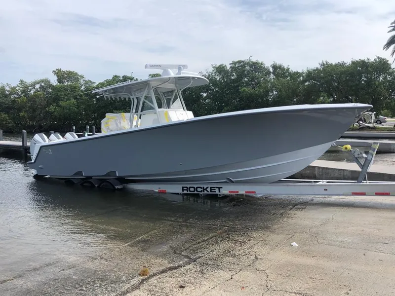 Slide: The Image of 2020 SeaVee 370z boat on trailer at a boat ramp, ready for launch. - 6