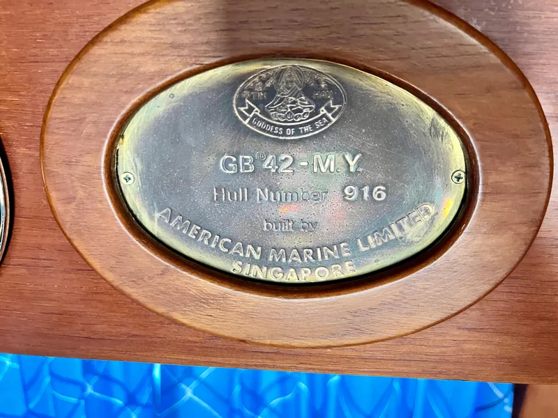 Slide: The Image of Plaque on 1985 Grand Banks 42 Motoryacht, hull number 916, by American Marine Limited, Singapore. - 46