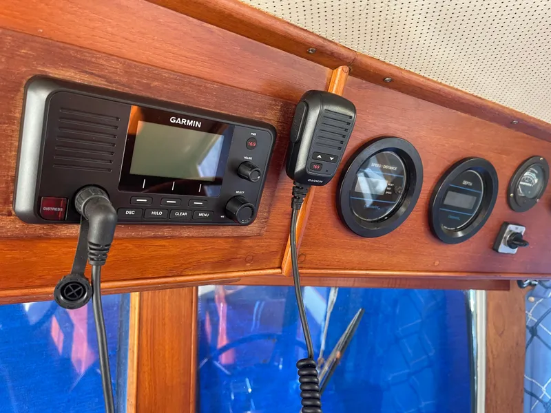 Slide: The Image of Control panel of 1985 Grand Banks 42 Motoryacht with Garmin radio and gauges. - 47