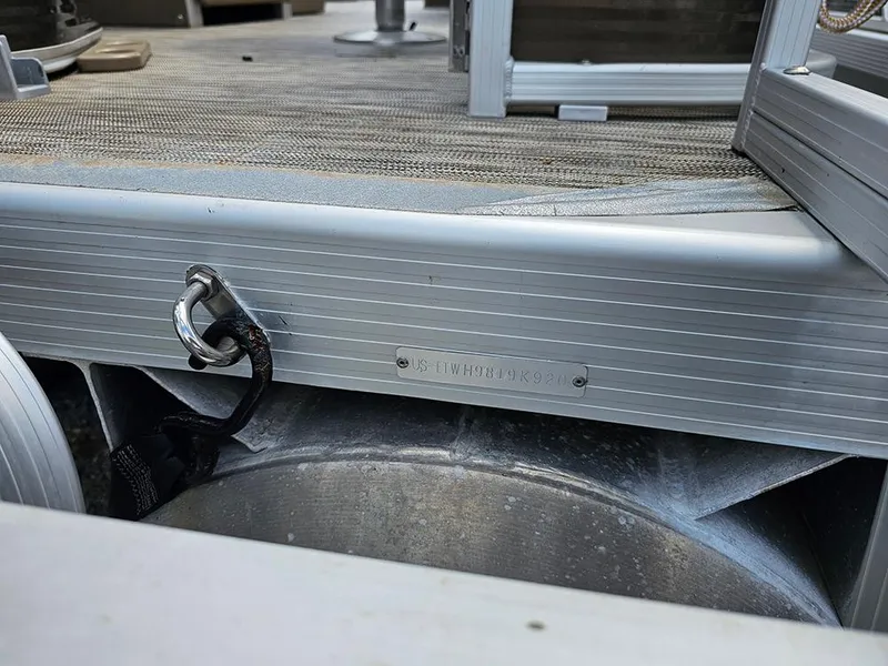 Slide: The Image of 2020 Bennington 22 SSXP pontoon boat detail showing metal frame and deck. - 21