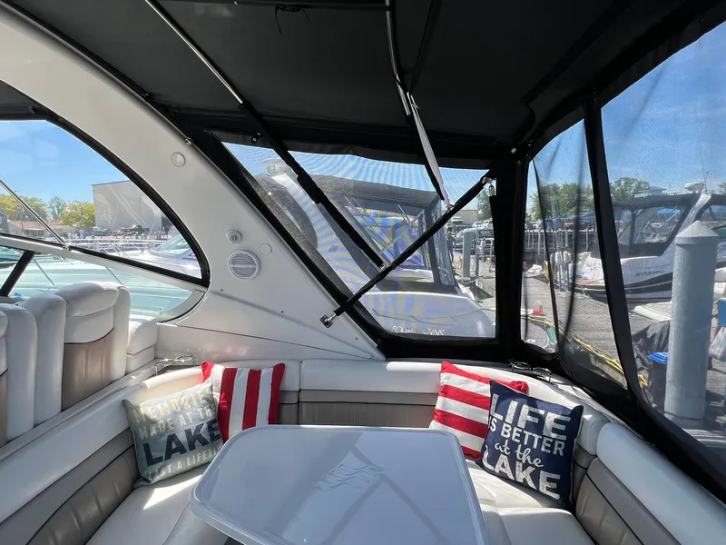 Slide: The Image of Interior of 2006 Four Winns 348 Vista boat with lake-themed cushions. - 15