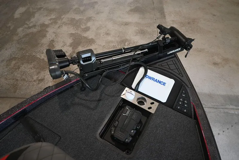 Slide: The Image of 2025 Caymas CX 20 PRO boat deck with Lowrance equipment and trolling motor. - 7