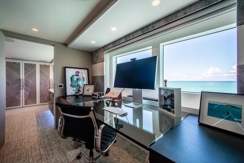 Slide: The Image of Luxurious office on 2017 Mengi Yay Custom Explorer yacht with ocean view and modern decor. - 11