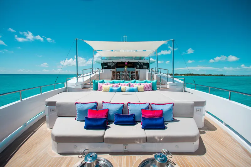 Slide: The Image of Luxurious 2017 Mengi Yay Custom Explorer yacht deck with colorful cushions and ocean view. - 26