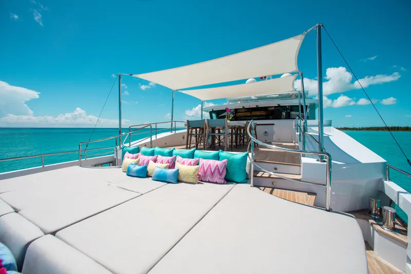 Slide: The Image of Luxurious 2017 Mengi Yay Custom Explorer yacht deck with colorful cushions and ocean view. - 27