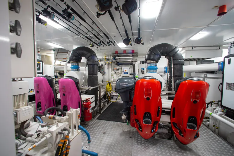 Slide: The Image of Engine room of 2017 Mengi Yay 105 Custom Explorer yacht, featuring advanced machinery and equipment. - 33