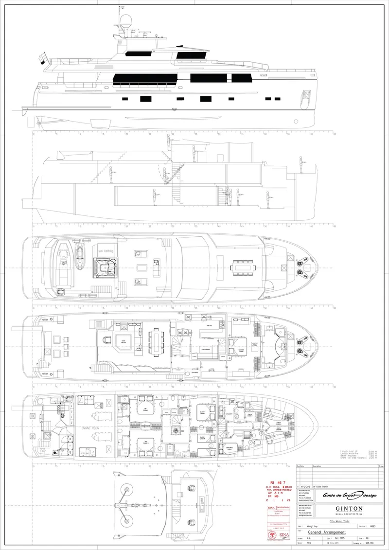 Slide: The Image of Blueprint of 2017 Mengi Yay 105 Custom Explorer yacht, detailed deck and side view. - 36