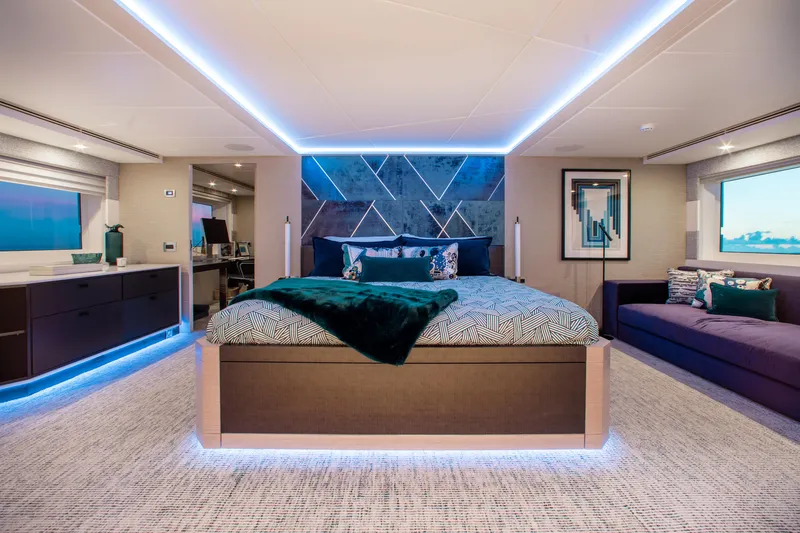 Slide: The Image of Luxurious bedroom on 2017 Mengi Yay 105 Custom Explorer yacht with modern lighting and decor. - 9