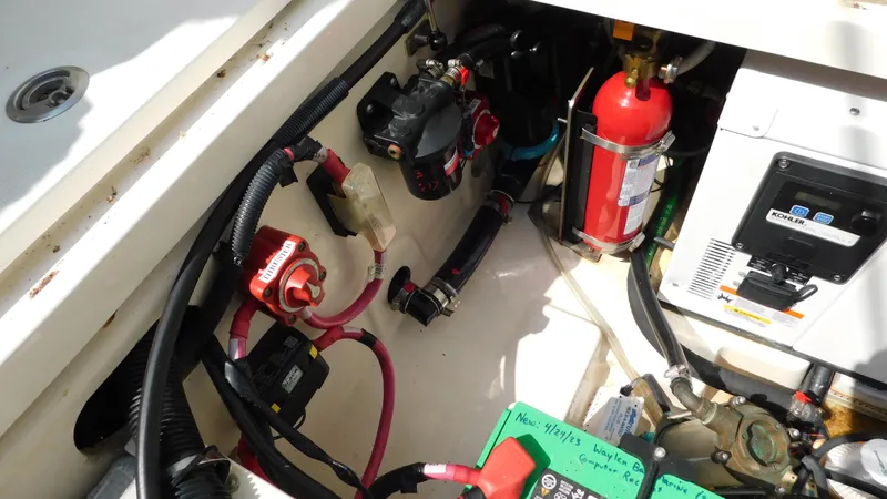 Slide: The Image of Electrical and mechanical components in a 2017 Boston Whaler 315 Conquest boat. - 40