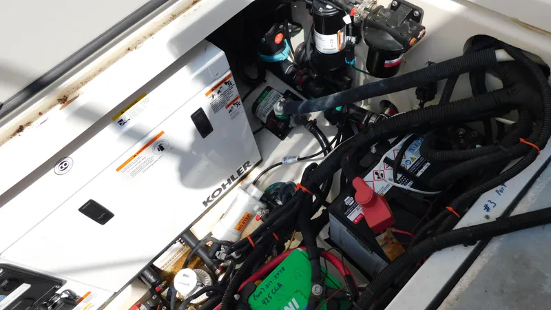 Slide: The Image of Engine compartment of a 2017 Boston Whaler 315 Conquest, featuring Kohler generator and wiring. - 41