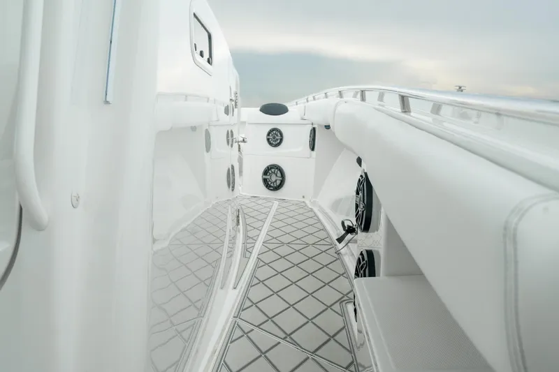 Slide: The Image of 2021 HCB Suenos boat interior with sleek white design and modern features. - 27