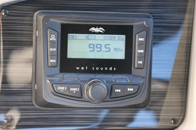 Slide: The Image of Wet Sounds audio system display in 2025 Sylvan Mirage X1, showing 99.5 MHz frequency. - 28