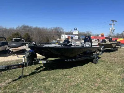 Slide: The Image of 2025 Lowe Stinger 195 Bass boat on trailer, parked on grass under clear blue sky. - 4