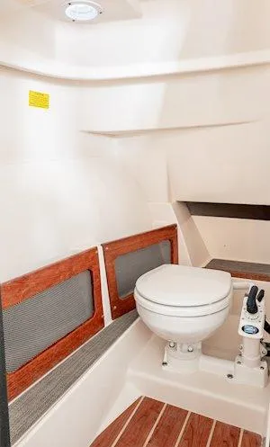 Slide: The Image of 2025 Grady-White Freedom 235 boat interior with modern marine toilet. - 21