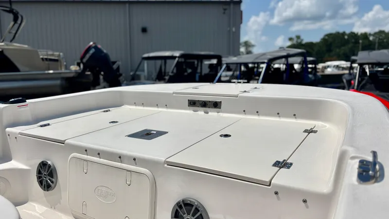 Slide: The Image of 2025 Carolina Skiff 19 LS Stealth Edition boat interior with storage compartments and speakers. - 9