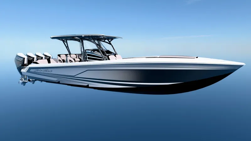 The Image of 2026 Nor-Tech 390 Sport Center Console boat on trailer, ready for adventure. - 0