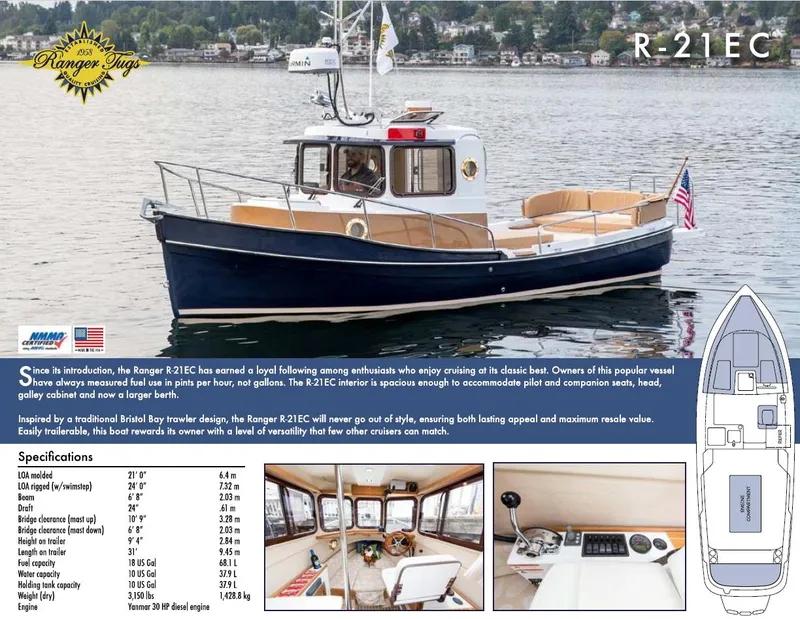 Slide: The Image of Ranger Tugs R-21EC 2016 model, classic design, cruising on water, spacious interior, detailed specifications. - 35