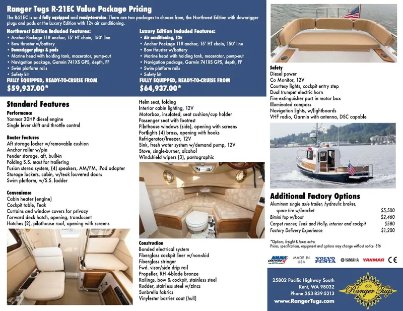 Slide: The Image of Ranger Tugs R-21EC 2016 brochure showcasing features, pricing, and options for the compact cruiser. - 36