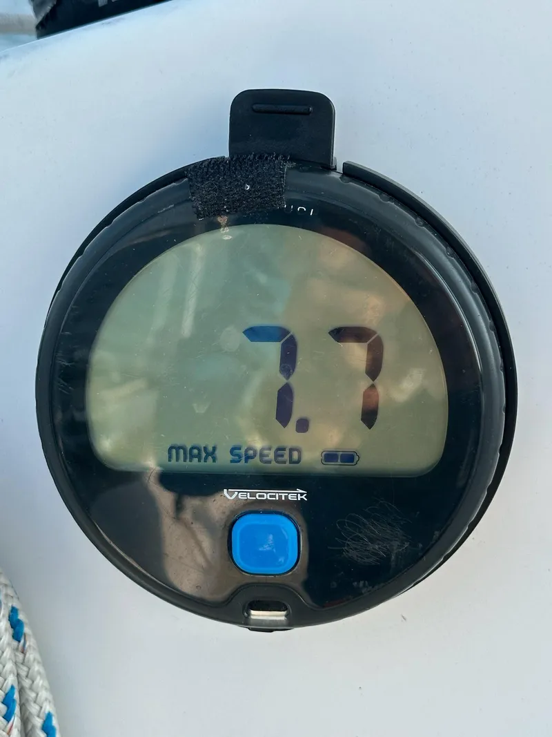 Slide: The Image of Velocitek speedometer displaying max speed of 7.7 on Tartan Fantail 2014. - 21