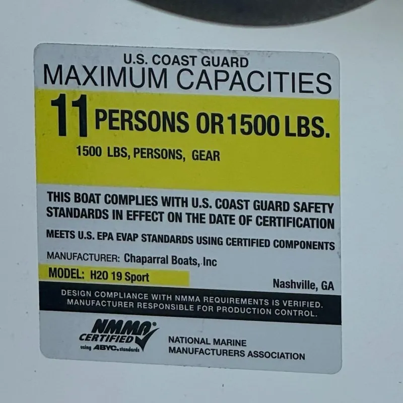 Slide: The Image of 2017 Chaparral H20 19 Sport capacity label: 11 persons or 1500 lbs, USCG certified. - 6