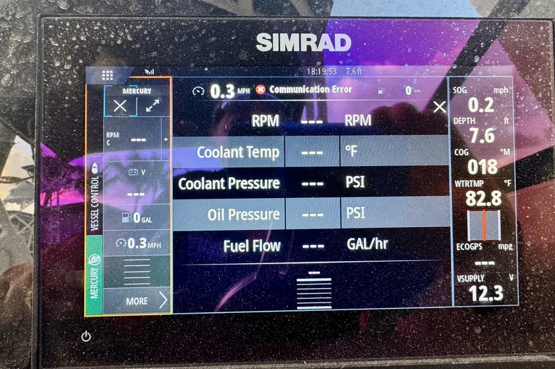 Slide: The Image of Simrad display on 2021 Sea Ray SDX 270 showing vessel control metrics and communication error. - 13