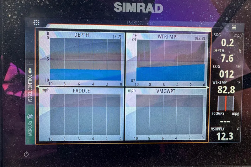 Slide: The Image of Simrad display on 2021 Sea Ray SDX 270 showing depth, water temperature, and speed data. - 16