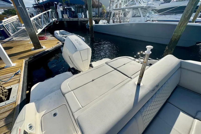 Slide: The Image of 2021 Sea Ray SDX 270 boat docked, showcasing rear seating and outboard motor. - 7