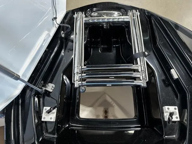 Slide: The Image of 2025 Yamaha Boats 255XD with a sleek black deck and foldable ladder. - 20