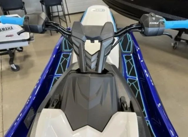 Slide: The Image of 2024 Yamaha Waverunner Jetblaster, blue and white design, handlebars with blue grips. - 11